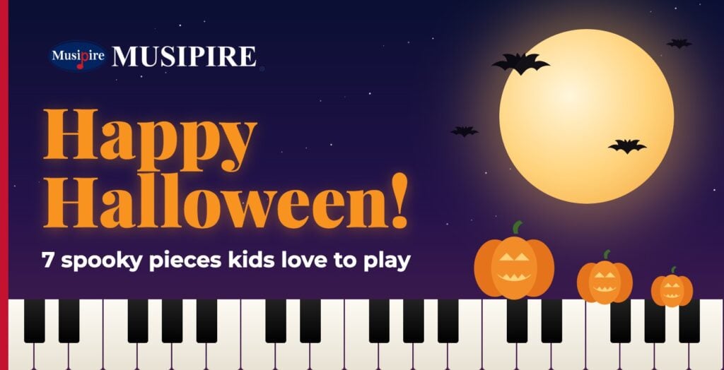 Happy Halloween from Musipire: spooky Halloween music for kids, piano keys, pumpkins and a full moon